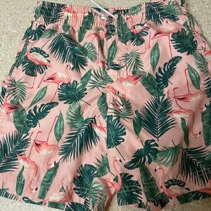 Old Navy Pink and Green Swim Trunks Tropical Leaf Design